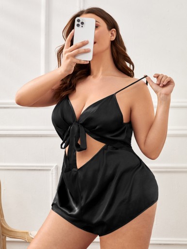 Plus Tie Front Cut Out Backless Satin Cami Sleep Romper