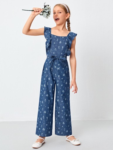 Girls Butterfly & Floral Print Ruffle Armhole Belted Palazzo Jumpsuit