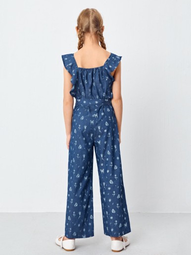 Girls Butterfly & Floral Print Ruffle Armhole Belted Palazzo Jumpsuit