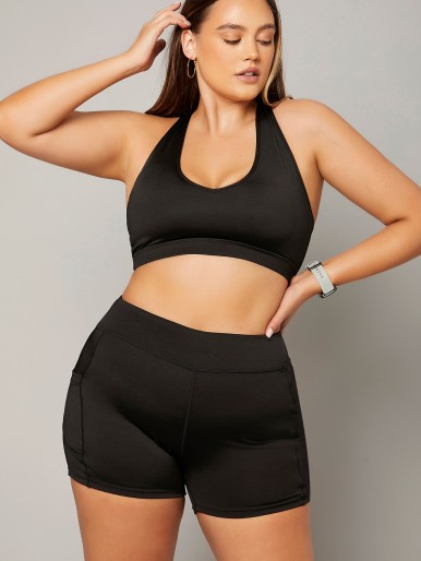 Plus Strappy Back High Stretch Sports Bra With Shorts