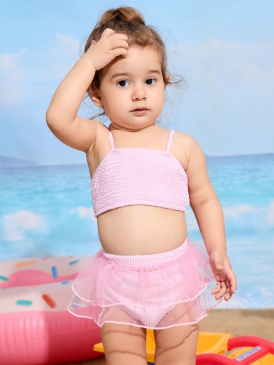 Baby Girl 3pack Contrast Mesh Ruffle Trim Textured Bikini Swimsuit