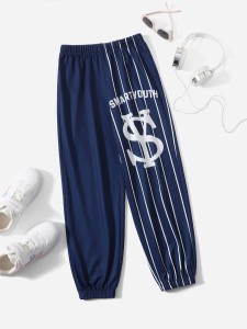 Girls Vertical Stripe & Letter Graphic Sweatpants