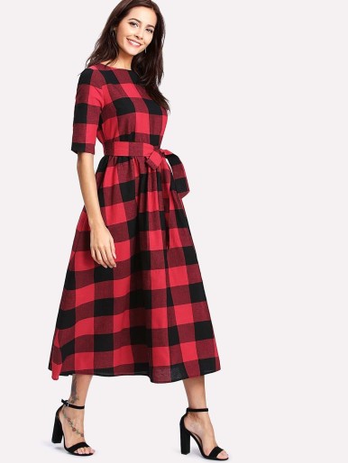 Buttoned Keyhole Self Tie Checkered Dress