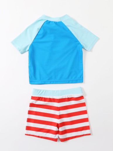 Toddler Boys Striped Cartoon Graphic Beach Swimsuit