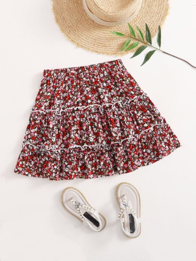 Girls Frill Trim Ditsy Floral Skirt