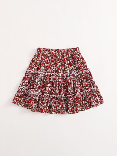 Girls Frill Trim Ditsy Floral Skirt