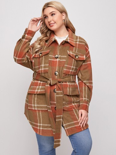 Plus Plaid Drop Shoulder Belted Overcoat