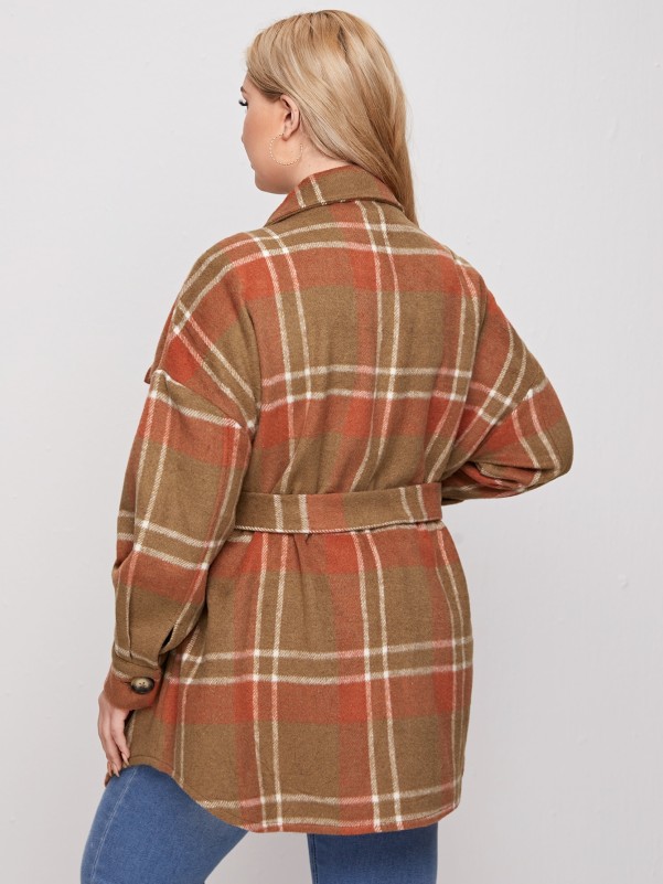 Plus Plaid Drop Shoulder Belted Overcoat