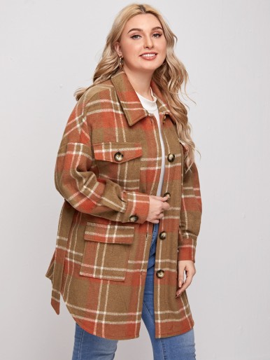 Plus Plaid Drop Shoulder Belted Overcoat