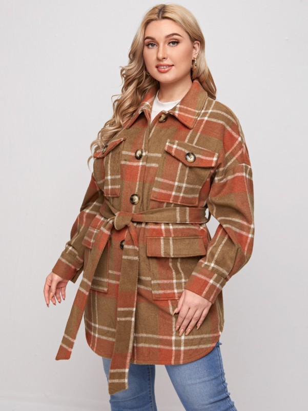 Plus Plaid Drop Shoulder Belted Overcoat