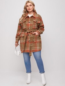 Plus Plaid Drop Shoulder Belted Overcoat