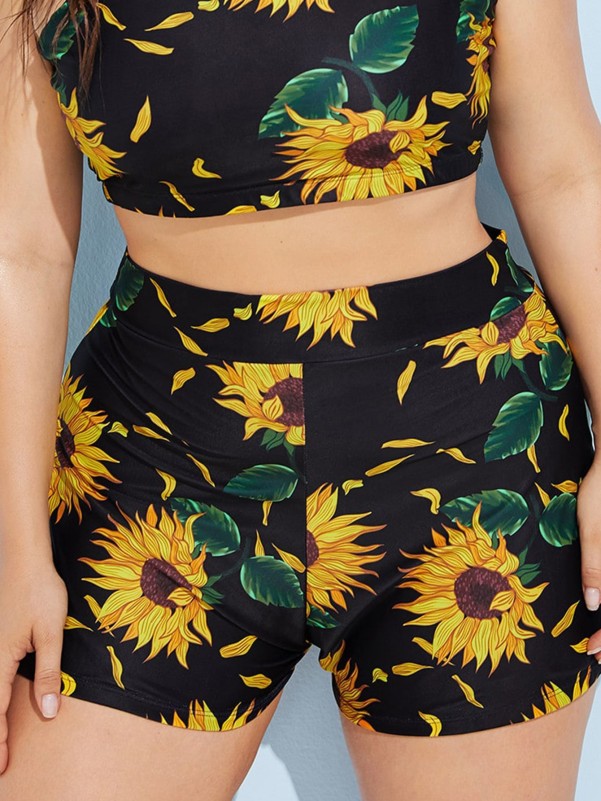 Plus Sunflower Pattern Bikini Shorts