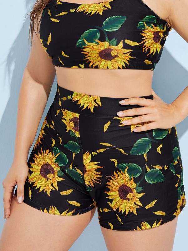 Plus Sunflower Pattern Bikini Shorts