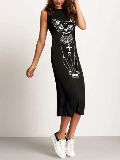 Cat Print Sleeveless Dress