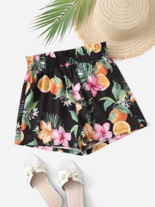 Girls Tropical and Orange Print Paperbag Waist Shorts