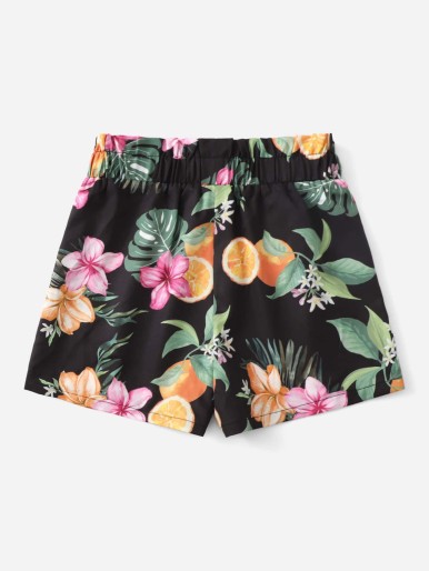 Girls Tropical and Orange Print Paperbag Waist Shorts