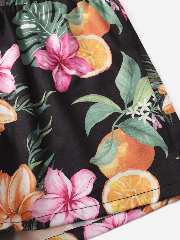 Girls Tropical and Orange Print Paperbag Waist Shorts