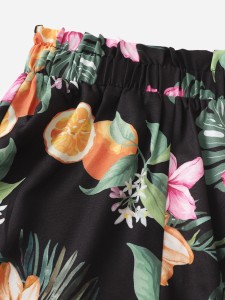 Girls Tropical and Orange Print Paperbag Waist Shorts