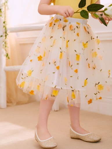 Toddler Girls Floral Embroidery Mesh Skirt