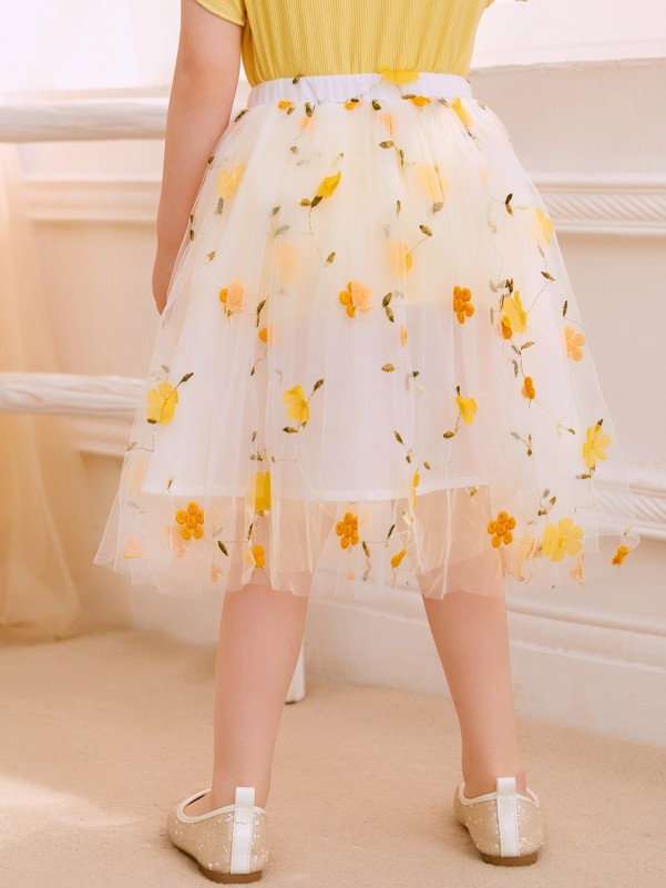 Toddler Girls Floral Embroidery Mesh Skirt