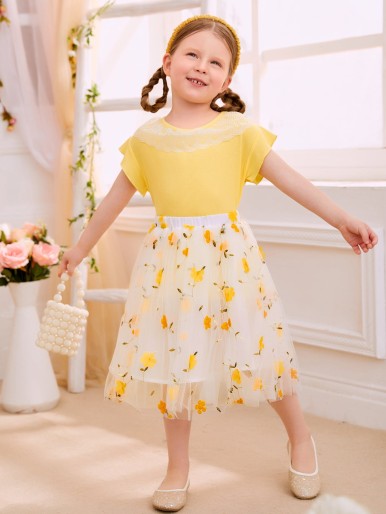 Toddler Girls Floral Embroidery Mesh Skirt