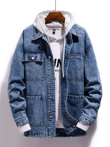 Men Patched Pocket Drop Shoulder Denim Jacket Without Hoodie