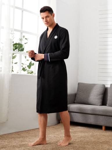 Men Patched Detail Self Belted Contrast Tipping Robe