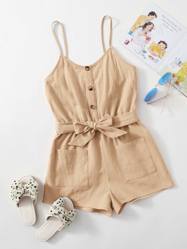 Girls Buttoned Front Self Belted Pocket Patched Romper