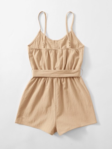 Girls Buttoned Front Self Belted Pocket Patched Romper