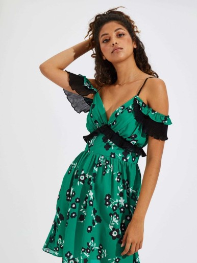 Cold Shoulder Pleated Ruffle Trim Floral Dress