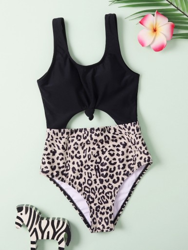 Girls Leopard Cut-out One Piece Swimsuit