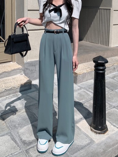 Solid Wide Leg Belted Suit Pants