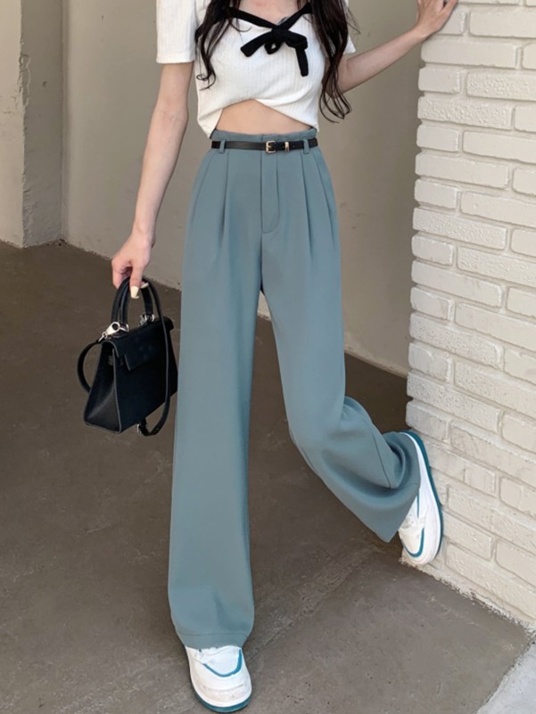 Solid Wide Leg Belted Suit Pants