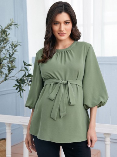 Maternity Keyhole Back Bishop Sleeve Belted Top