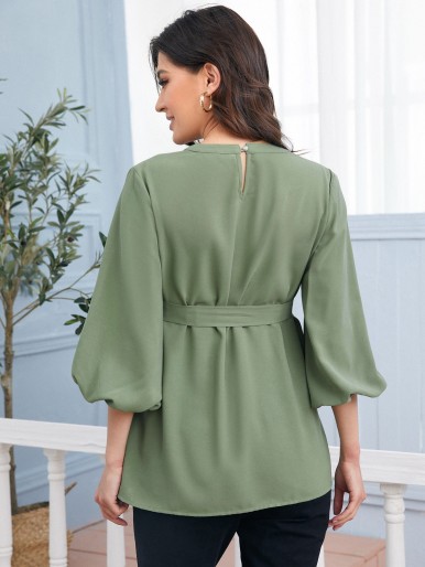 Maternity Keyhole Back Bishop Sleeve Belted Top