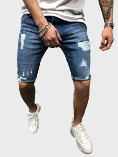 Men Raw Hem Ripped Denim Shorts