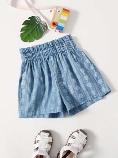 Girls Floral Paper Bag Waist Shorts