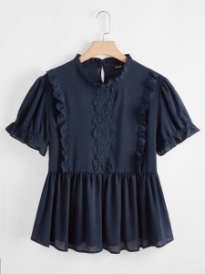 Plus Lace Panel Ruffle Trim Chiffon Peplum Blouse