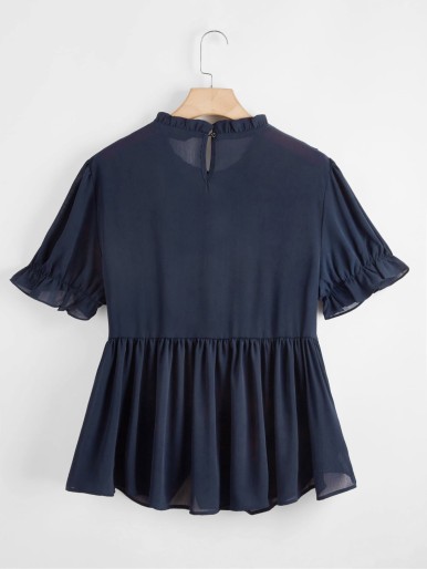 Plus Lace Panel Ruffle Trim Chiffon Peplum Blouse