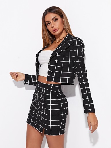 Notched Collar Double Breasted Grid Print Blazer & Skirt Set