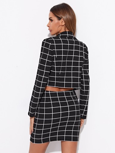 Notched Collar Double Breasted Grid Print Blazer & Skirt Set