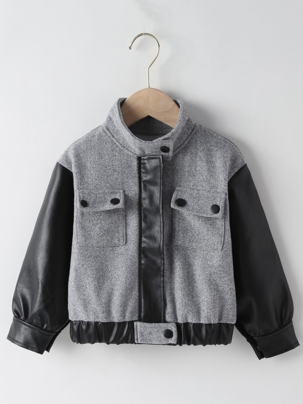 Toddler Girls Flap Pocket PU Leather Panel Jacket