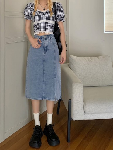 Pocket Straight Denim Skirt