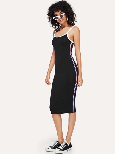 Contrast Binding Striped Side Fitted Cami Dress