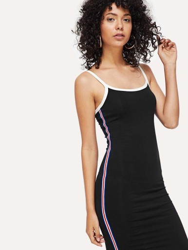 Contrast Binding Striped Side Fitted Cami Dress