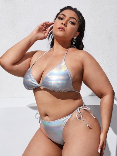 Plus Metallic Triangle Tie Side Bikini Swimsuit