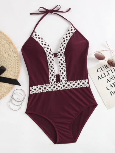 Crochet Lace Trim Plunge One Piece Swimsuit