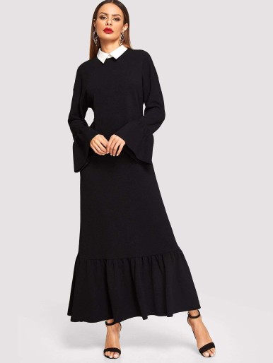 Contrast Collar Flounce Hem Dress