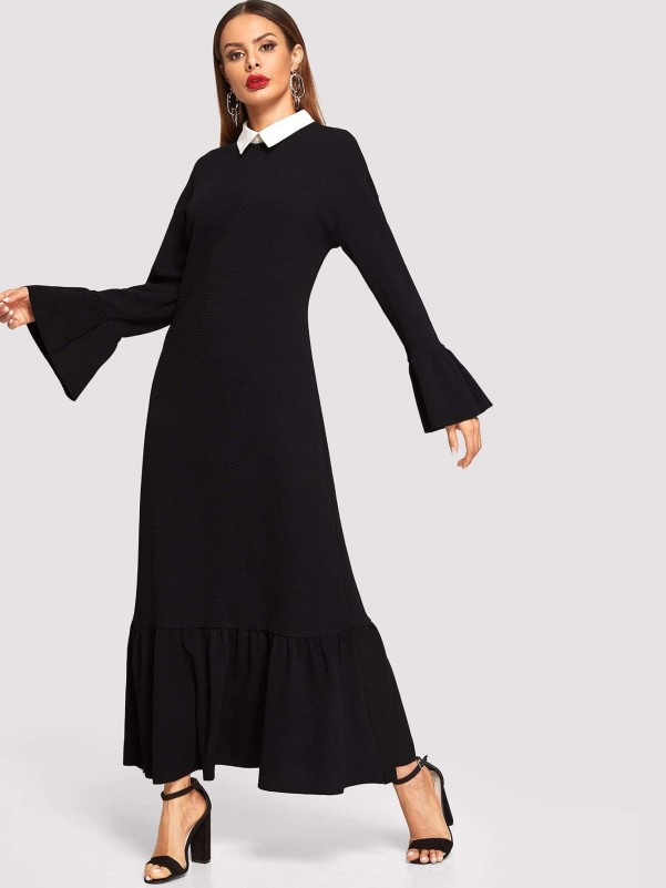 Contrast Collar Flounce Hem Dress