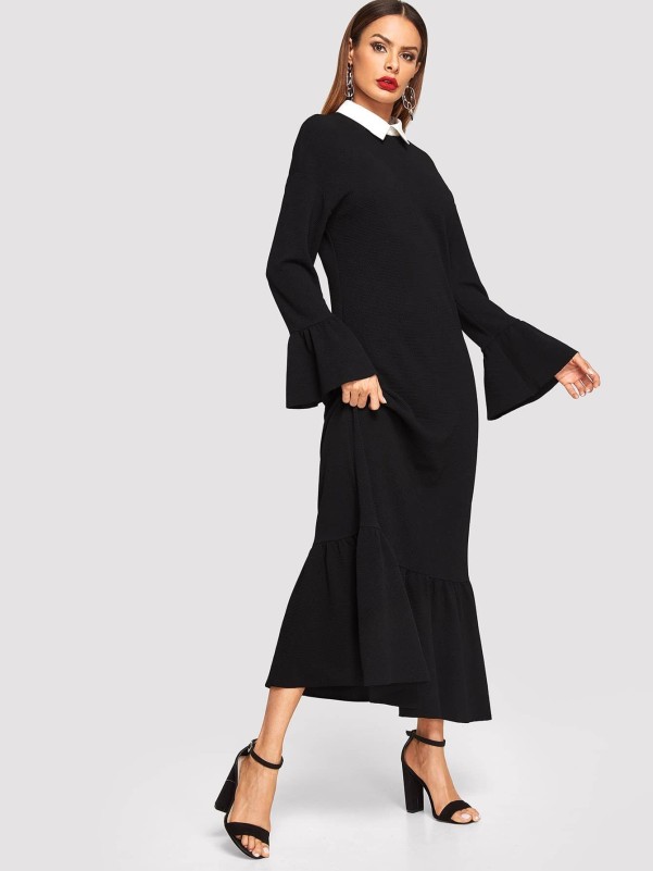 Contrast Collar Flounce Hem Dress